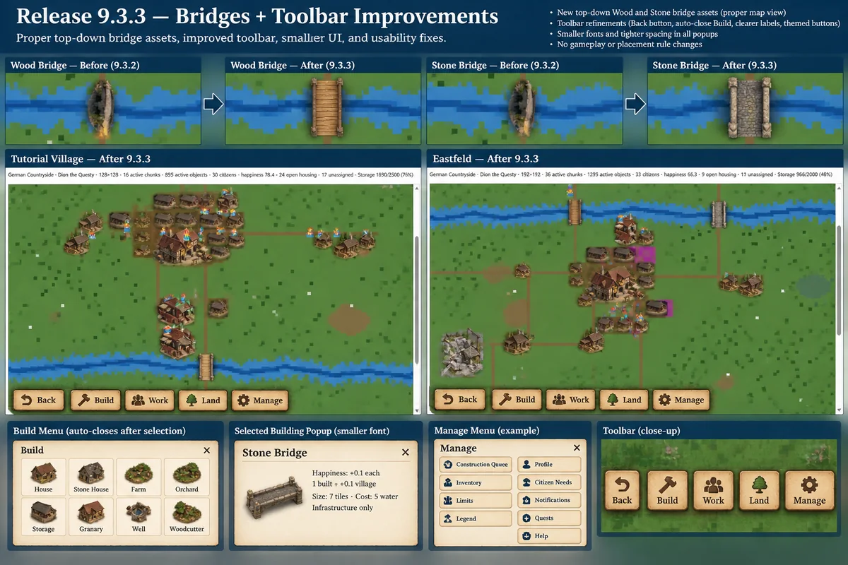 DionAcre bridges and village toolbar